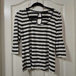 White House Black Market Black & White Striped Keyhole Long Sleeve Top